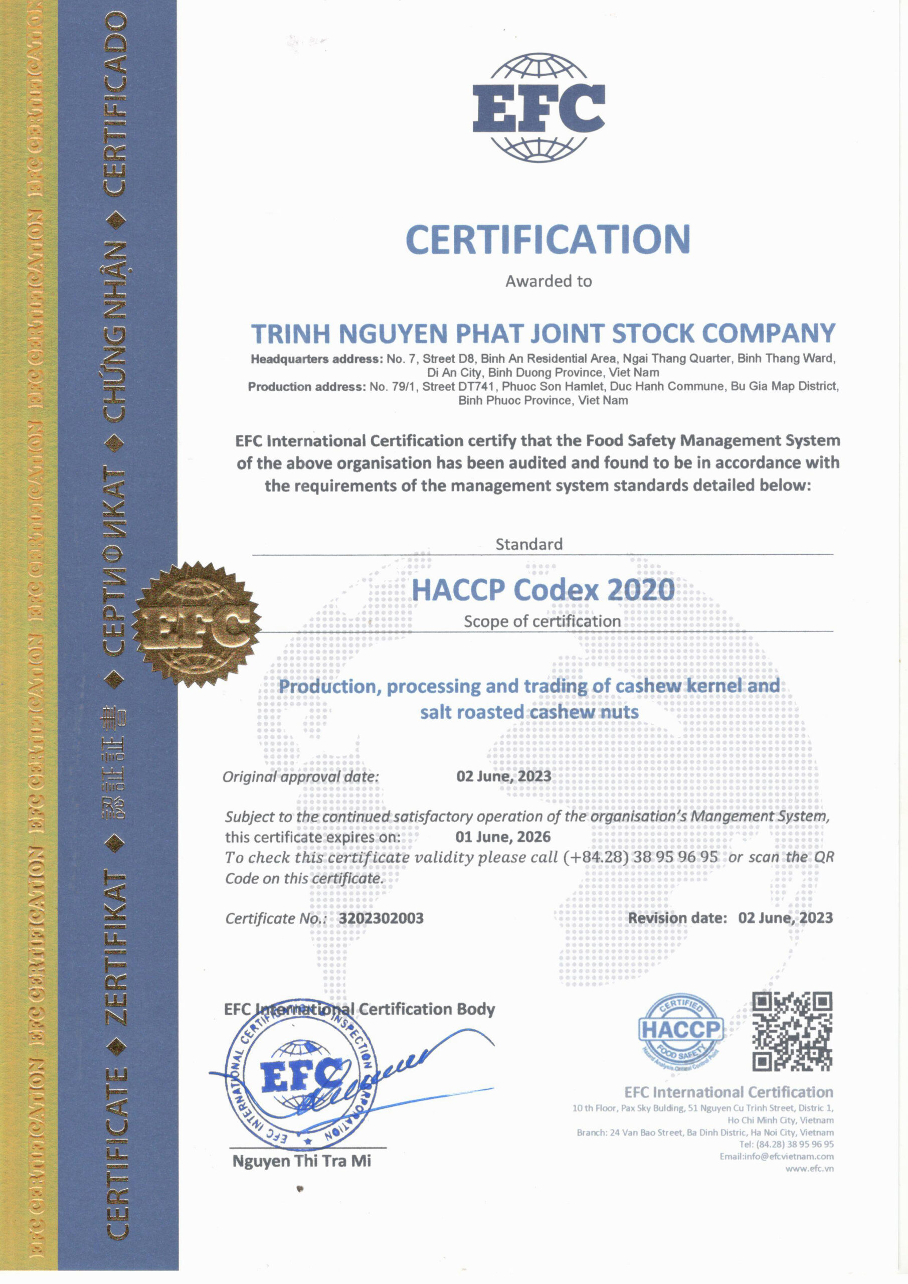 Công ty Cổ phần Trình Nguyên Phát được cấp chứng nhận HACCP